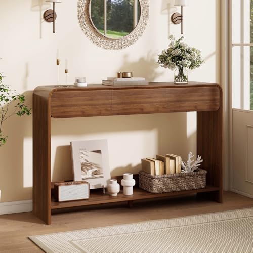 Nasonet Mid Century Modern Console Table Entryway Table with 3 Storage Drawers Wood Sofa Table Behind The Console Table for Entryway Hallway Living Room Walnut