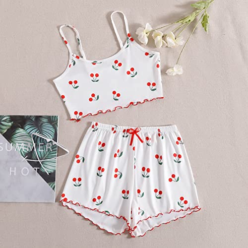 Oyoangle Women's 2 Piece Outfit Cherry Print Lace Sleeveless Bow Pj Cute Loungewear Lounge Shorts Pajama Sets White M #TOP5
