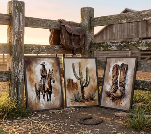 Image of Vintage Western Cowboy Canvas Wall Art Aesthetic Cactus Cowboy boots Painting Picture Wall Decor Retro Southwestern Desert Poster Print Artwork for Farmhouse Living Room Home Decoration 16x24in