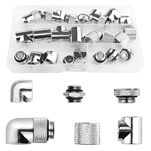 BXQINLENX 24-Piece Silver Chrome G1/4' Fittings Kit for Custom PC Water Cooling Systems (Silver)