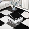 12 Pcs Plush Interlocking Carpet Tiles, Non-Toxic Foam Carpet Tiles for Toddler Baby, Machine-Washable, Anti-Slip, EVA Foam Interlocking Tiles for Floor, Nursery, Playroom, Grey White Black