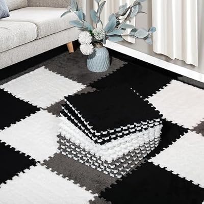 12 Pcs Plush Interlocking Carpet Tiles, Non-Toxic Foam Carpet Tiles for Toddler Baby, Machine-Washable, Anti-Slip, EVA Foam Interlocking Tiles for Floor, Nursery, Playroom, Grey White Black