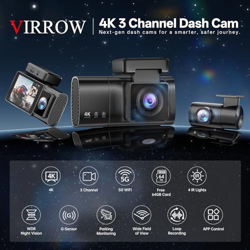 3 Channel Dash Cam: 4K+1080P+1080P-Dash Cam Front and Rear Inside with Free 64GB Card & 5GHz WiFi - Dash Camera for Cars with IR Night Vision APP Control Parking Mode G-Sensor Loop Recording(X7) — view 2
