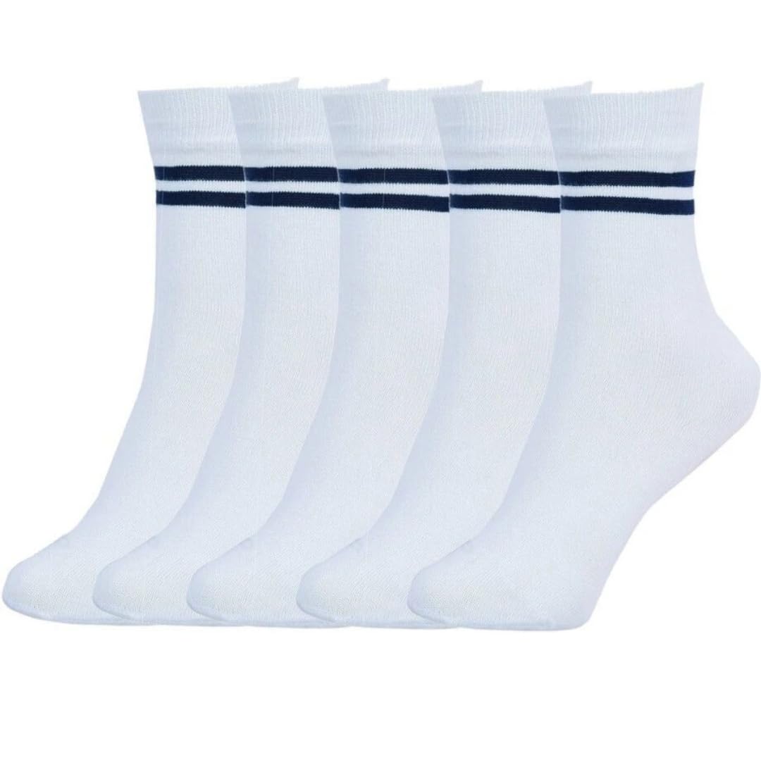 White Ankle Socks with Navy Blue Stripes, Pack of 5, Casual Sports Style