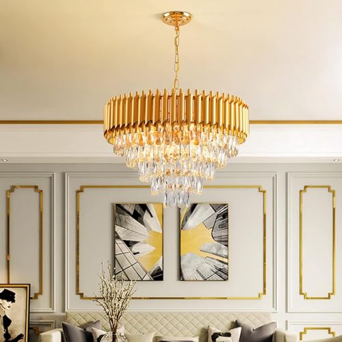 Image of Luxurious 500mm Gold Modern Chandelier with K9 Crystals | Warm White, Moonlight & Golden Light | Ceiling Hanging Light for Living Room, Dining Room, Bedroom, Hallway