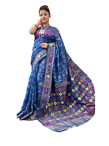 Sari bengalí de algodón Jamdani hecho en India de 5.5 metros color azul