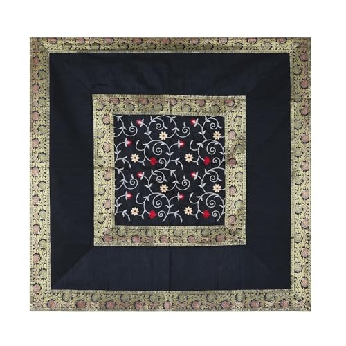 Image of New Year Room Decor Embroidery Brocade Silk Table Cover for Centre & Dinning Table and 4 & 6 Seater Dining Table /Tablecloth, (50 By 50 Inches) (Black)