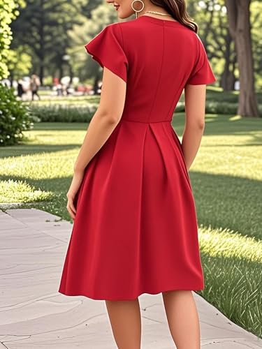 Image of oxiuly Women's Flounce Sleeve Wedding Church Vintage Dresses Casual Floral Party Cocktail Work Dress with Pockets Fei376