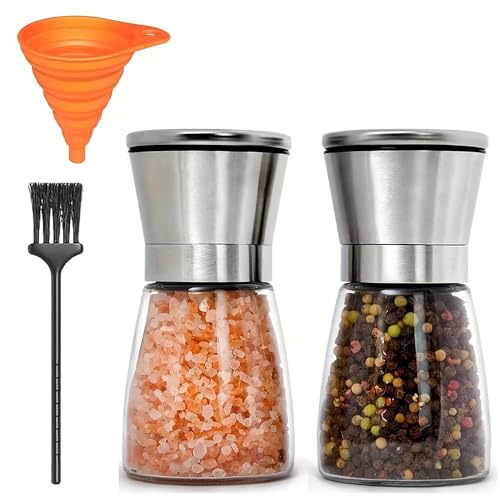Pepper Grinder Salt Grinder, Stainless Steel Pepper Mill w/Adjustable Coarseness, Refillable Salt with Funnel, Manual Pepper Grinder for Black Peppercorns, Easy to Clean w/Cleaning Brush (2 Pack)