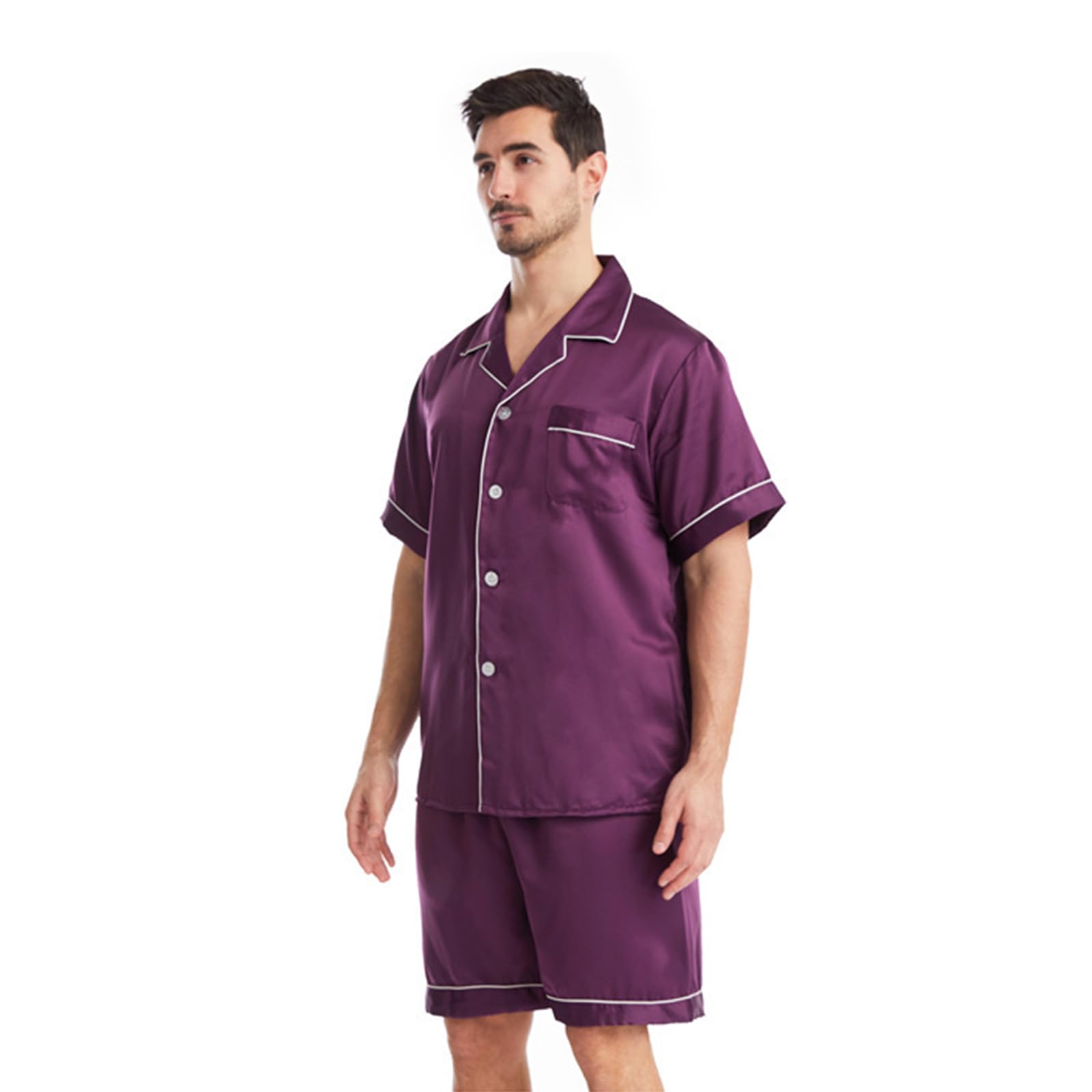 Uomo 2 Pezzi Seta Pigiama Set Manica Corta Morbido Raso Pigiameria Pulsante Giù Pjs Set con Tasche
