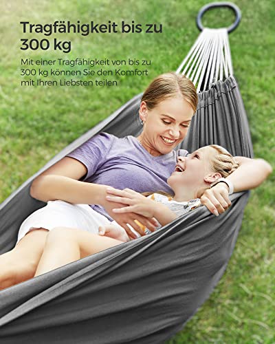 SONGMICS Hängematte 210x150cm Doppel Hängematte 300kg Tragkraft für Terrasse Balkon Garten Outdoor Camping mit Tragetasche, Befestigungsgurte und Karabiner, Grau GDC15GY 3