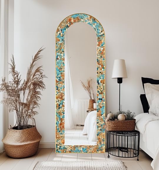 23,5’’W x 67’’H Sun-Drenched Harmony – Mosaic Floor Mirror Arched Full Lenght Mirror - Arch Full Body Stained Floor Mirror with Black Frame with Gold Frame