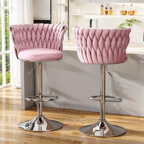 Image of Lamerge Velvet Bar Stools Set of 2, Swivel Counter Height BarStools with Back & Footrest,Adjustable Bar Chairs Upholstered Kitchen Island Chairs,Pink