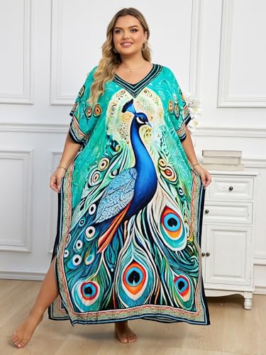 Image of KECVOT Kaftan Dresses for Women V-Neck Print Swimsuit Cover Up Plus Size Beach Caftan Lounge Dress