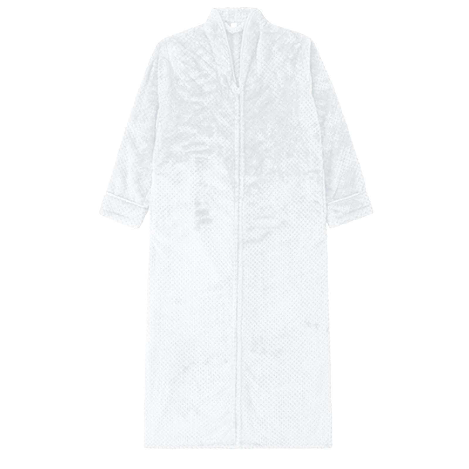Accappatoio da donna con cerniera, leggero M-XL, vestaglia taglie lunga in pile | Pigiama da donna con scollo a V, con tasche, tinta unita, delicato sulla pelle