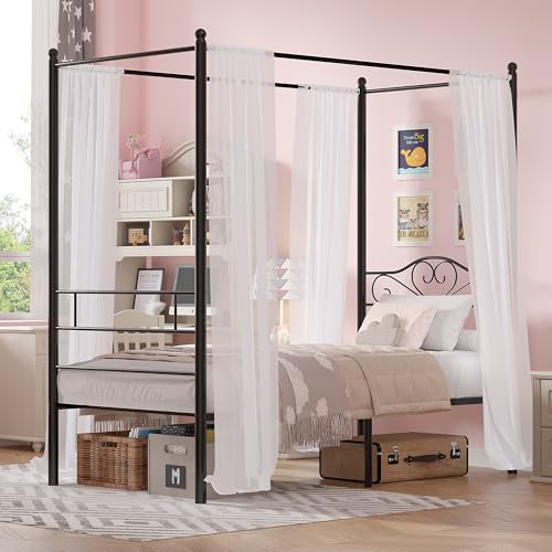 VECELO Twin Canopy Bed Frame Heart-Shaped Headboard Black