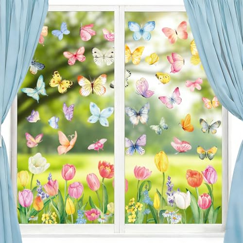 9 Feuilles Autocollants de Fenêtre Printemps, Stickers Vitre pour Décorations Portes Réutilisable, Décoration de Printemps avec Motif de Papillon Fleurs,...