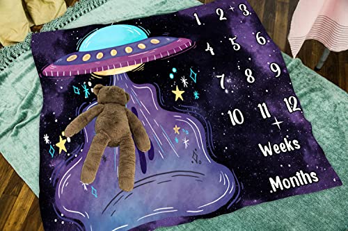 Image of Space Baby Age Blanket, UFO Astronaut Baby Monthly Milestone Blanket Growth Chart Blanket, 48x40 inch Memory Blanket Nurse Receiving Blanket Baby swaddling Blanket BTLSLY259