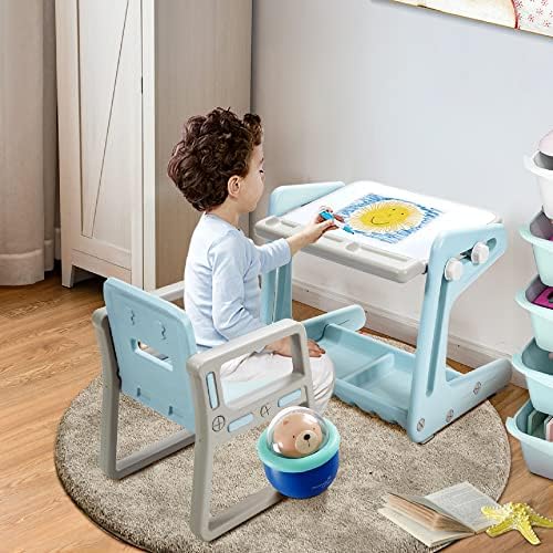 GYMAX Kids Table and Chair Set, Height Adjustable Drawing Board with Storage Tray, Pens and Eraser, Childrens Desk with Magnetic Whiteboard for Boys Girls (Blue)