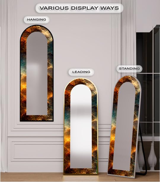23,5''W x 167''H Stampa Texture Rame fuso - Specchio da pavimento astratto ad arco a tutta lunghezza - Specchio da pavimento macchiato a corpo intero con cornice nera con cornice