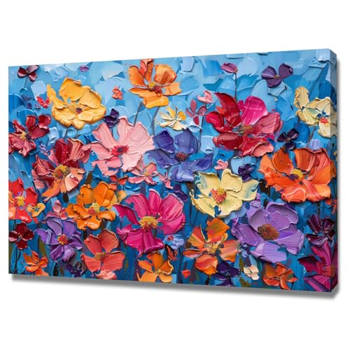 Impression sur toile intissée de fleurs colorées 50x70cm encadrée pour salon