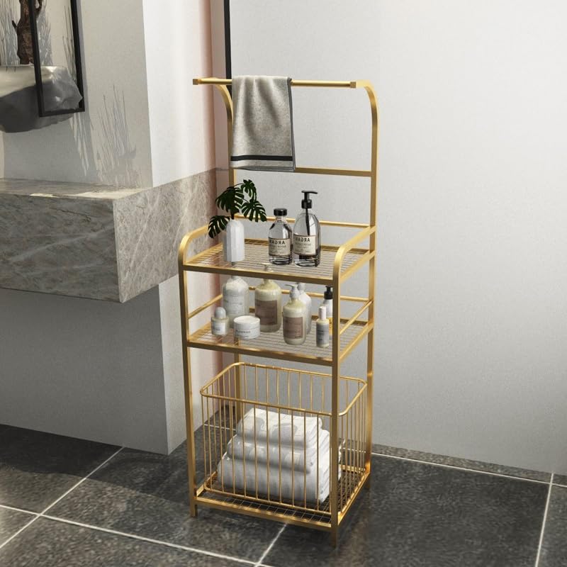 Toallero de pie dorado para un baño ordenado y libre de humedades con cesta de ropa integrada 7