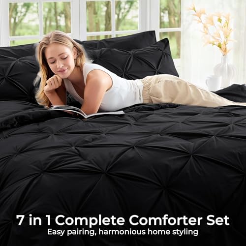 Image of Sasttie King Size Comforter Set, 7-Piece Bed in a Bag, Pintuck Bedding Set for All Season, Includes Comforter, Flat Sheet, Fitted Sheet, Pillowcases and Pillowshams, Black