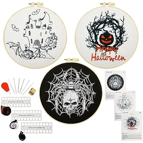 Armindou Halloween Embroidery Starter Kits for Beginners Adults, Stamped Cross Stitch Kit for Adult Beginner, Needlepoint Hand Embroidery Kit with Pattern, 3 Embroidery Hoop, 3 Set Embroidery Supplies Cover
