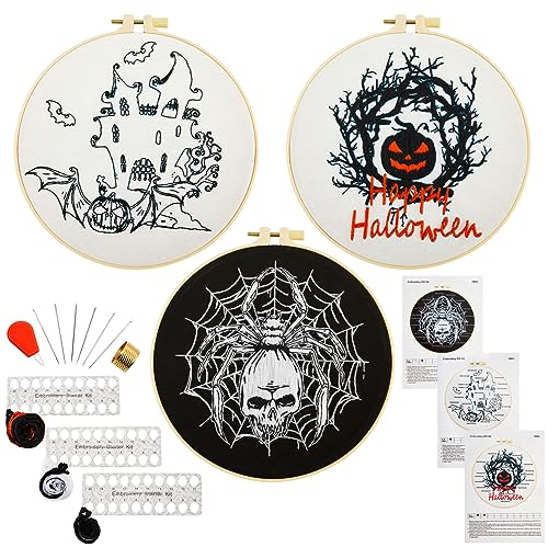 Image of Armindou Halloween Embroidery Starter Kits for Beginners Adults, Stamped Cross Stitch Kit for Adult Beginner, Needlepoint Hand Embroidery Kit with Pattern, 3 Embroidery Hoop, 3 Set Embroidery Supplies