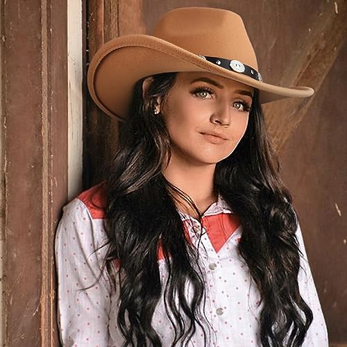 Image of DRESHOW Women Men Classic Felt Wide Brim Western Cowboy & Cowgirl Cap Belt Buckle Retro Panama Hat Unisex Rolled up Caps