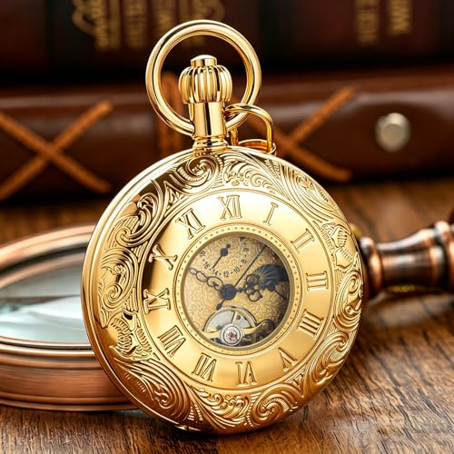 Image of Men's Mechanical Pocket Watch with Chain, Vintage Full Copper Hand-Wind Second&24hours Sub-dials Pocket Watches for Men with Box