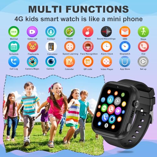 OKYUK 4G Smartwatch für Kinder, GPS-Tracker, mehrere Desktop-Stile zur Auswahl, Zwei-Wege-Anrufe, Bildkompetenz, SOS, WLAN, wasserdichter Touchscreen für 4–12 Jungen und Mädchen (T45 Schwarz)