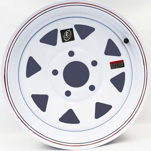 15" x 5" White Spoke Trailer Wheel with Red & Blue Pin Stripe (5-5" Bolt Circle)