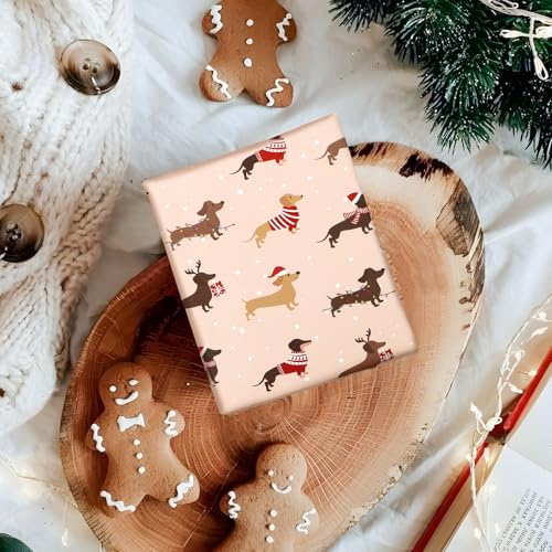 MEJOSER 4 Blatt 50x70cm Dackel Geschenkpapier Weihnachten Dackel Geschenke für Hundebesitzer Weihnachtsgeschenke Geschenkverpackung Kinder Hundeliebhaber Weihnachtsgeschenkpapier
