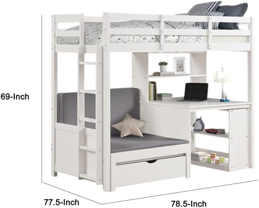 Pemberly Row Twin Loft Bed, White Pine Wood, Built-in Desk with Shelf Unit, Movable Bookcase, Convertible Bench Bed, USB-A/C Power Outlets, Compact Multifunctional Design for Kids' Bedrooms or Dorm