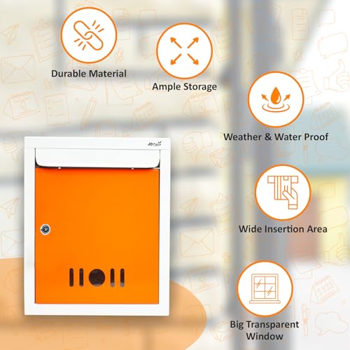 Image of JD FRESH Wall Mount A4 Size Letter Box /Mail Box /Suggestion Box /Complaint Box for Office /Post Box for Home gate with Clear Window View & Secure Key Lock - (Orange)