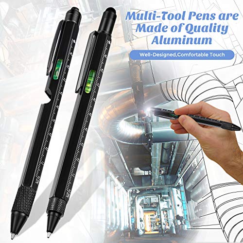 10 Pieces Multitool Pen Set, 9 Pieces 6 in 1 and 9 in 1 LED Light Touchscreen Multifunctional Stylus Pen with Ruler Level Bottle Opener Screwdriver, 10 Refills for Men (Multi-color)