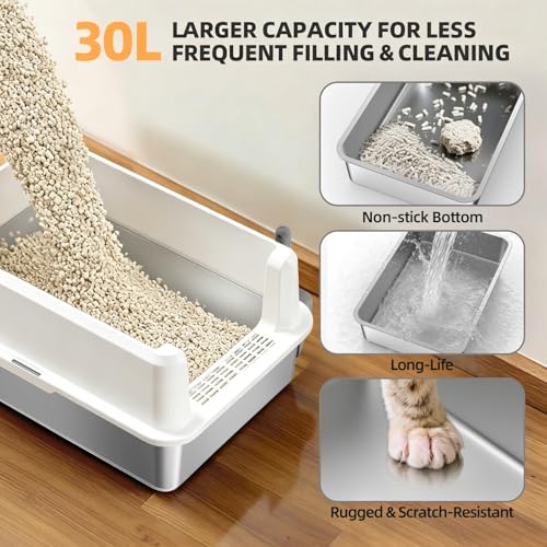 Image of WoofiGo Stainless Steel Cat Litter Box with Lid, XXL Large Metal Kitty Litter Box Enclosed for Big Cats, High Sided, Anti-Urine Leakage, Non-Stick Bottom, Include Scoop (White)