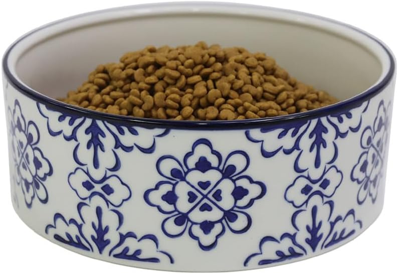 Vintage Blue & White Ceramic Large Dog Bowl - 8'' Dog Food Water Bowl for Medium and Large Dogs Breed, Heavy Duty Non-Slip Dish, Modern Pet Feeder Bowl, Dishwasher Safe-57 fl OZ