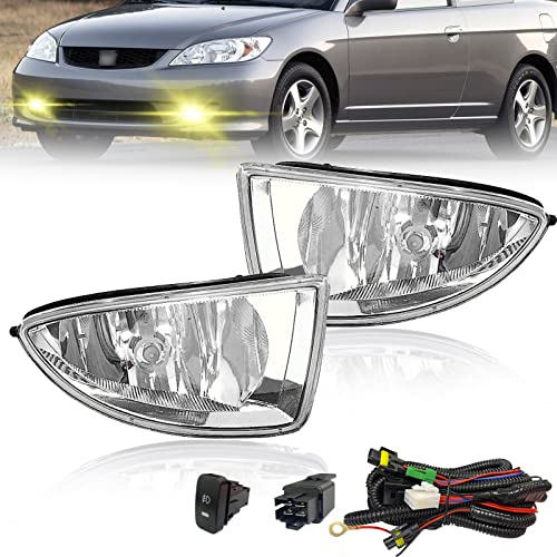 Driving Fog Lights Compatible with 2004-2005 Honda Civic 2/4DR 1 Pair Bumper Fog Lamps with Halogen Bulb, Switch and Harness (Clear Lens)