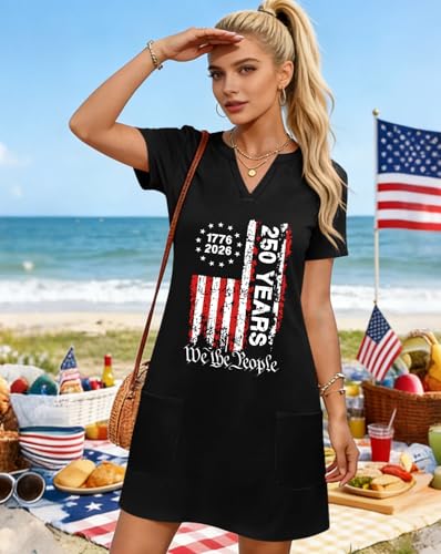 Image of Ithalt 4th of July Dresses for Women Patriotic Dress Red White and Blue Outfits American Flag V Neck Sundress with Pockets