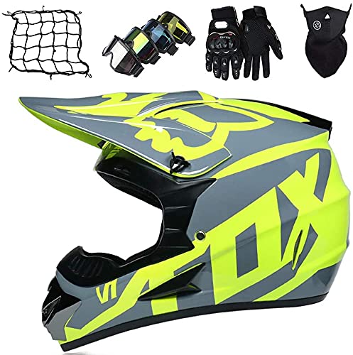 Casque de Moto,Set de Casque de Motocross (Gants/Lunettes/Masque/Filet de Casque), Tout-terrain Enduro Cross ATV Downhill Dirt Bike Casque VTT BMX Quad Moto Intégral Crash Casque avec FOX Design (L) Cover