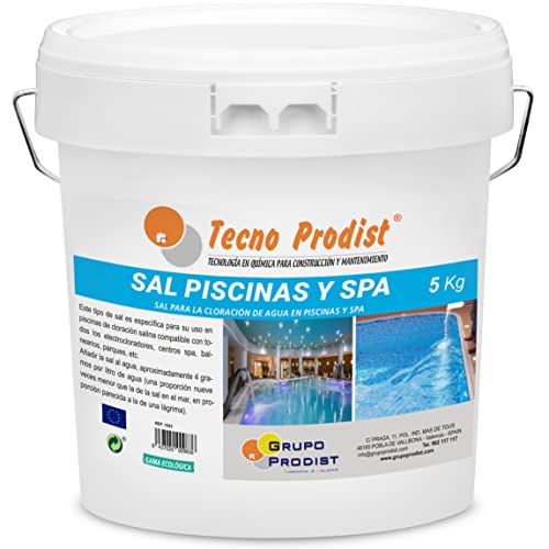 Tecno Prodist TECNOSEL Piscines Sel spécial pour la chloration Saline de piscines, Spa ou Jacuzzis - en Seau de 5 kg Facile à appliquer