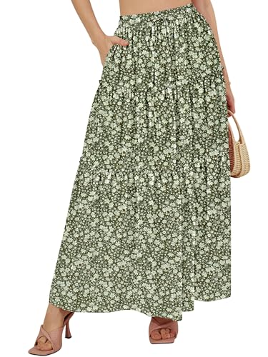 NASHALYLY Skirts for Women Boho Elastic Waisted Drawstring Swing Ruched 3 Tiered Maxi Skirt with Pockets(Green White Flower,XL)