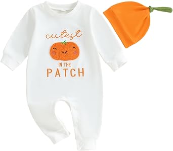Infant Baby Girl Boy Halloween Outfit Newborn Long Sleeve Pumpkin Embroidery Romper Jumpsuit Hat Fall Clothes