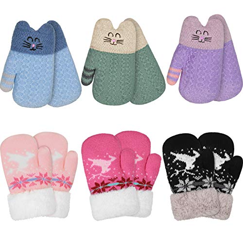 6 Pairs Kids Sherpa Lined Mittens Toddler Knit Mittens Gloves Cute Warm Reindeer Snowflakes Cat Winter Gloves for Boys Girls Baby Infant Newborn
