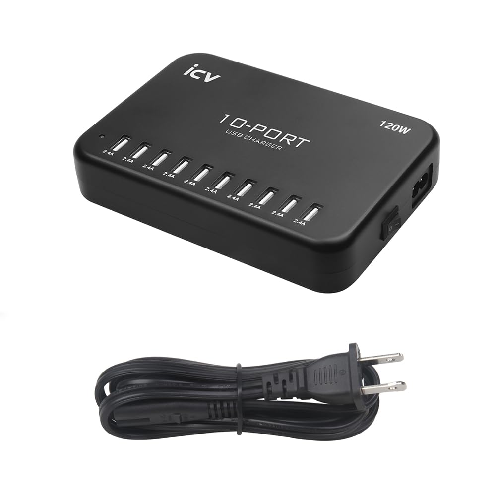 icv 120W USB Charging Station 10 Port Multi USB Desktop Charging Hub 5V 2.4A Wall Fast Charger for iPhone 14 13 12 11 Samsung Galaxy S21 S20, Black