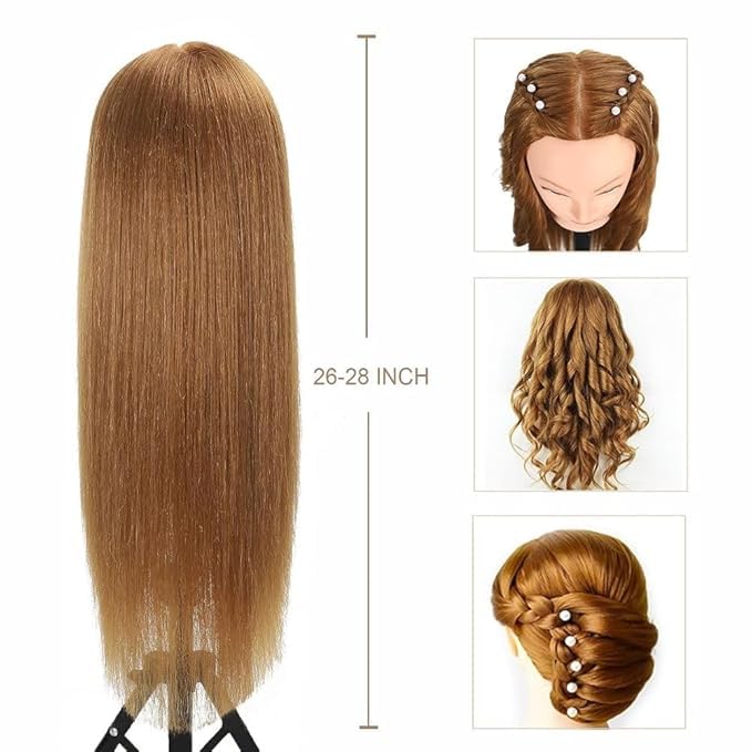 Mannequin Head with 80% Human Hair Cosmetology Mannequin Head Doll Head for Hair and Makeup Practice Head (#27 Brown No Makeup) 1