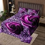 feelingyou Lila Blumen Tagesdecke Quilt, Glänzende Pailletten-Kristall-Bettwäsche für die ganze Saison, Romantische Rose Floral 220x240 cm Bettdecke Set mit 2 Kissen Shame für Jungen Mädchen