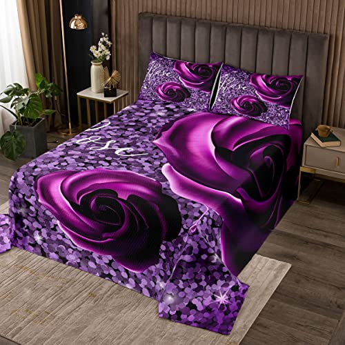 feelingyou Lila Blumen Tagesdecke Quilt, Glänzende Pailletten-Kristall-Bettwäsche für die ganze Saison, Romantische Rose Floral 220x240 cm Bettdecke Set mit 2 Kissen Shame für Jungen Mädchen